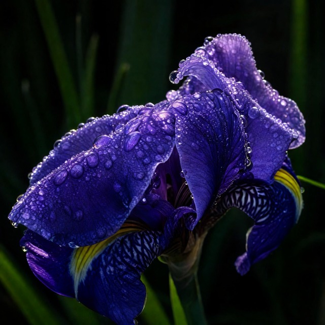 AI-generated: Dew on the violet petals of an iris in a dark garden