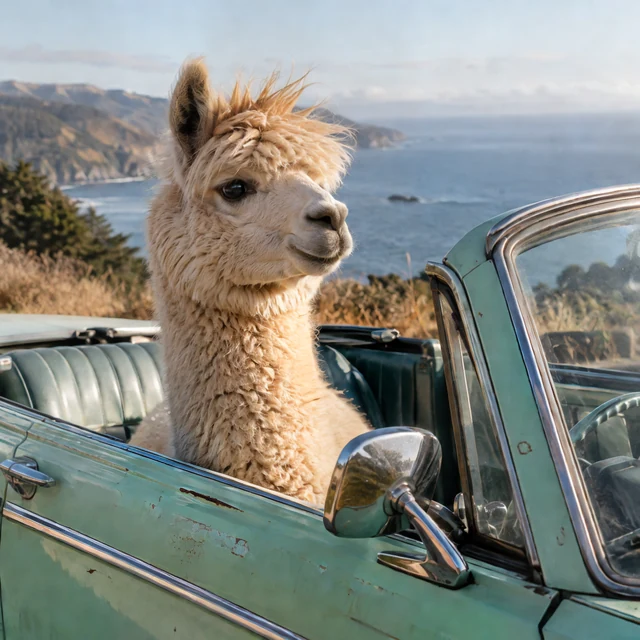AI-generated: An alpaca looking over a vintage convertible door on a quiet coastal road.